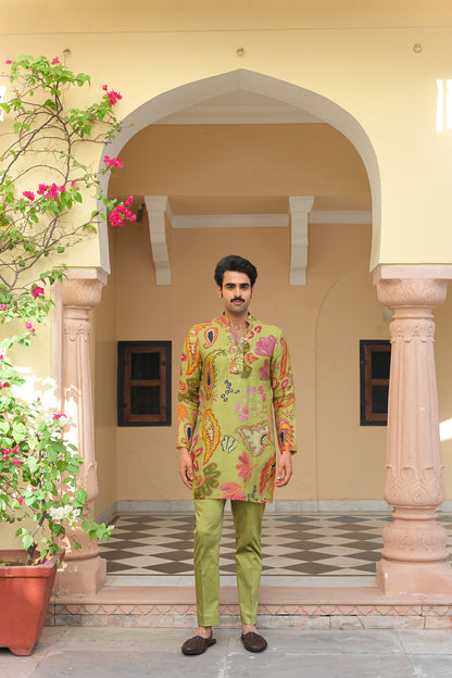 OLIVE BLOOM V NECK KURTA PAIRED WITH OLIVE PANTS