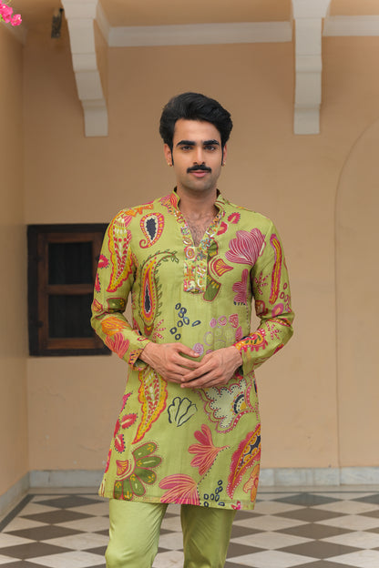 OLIVE BLOOM V NECK KURTA PAIRED WITH OLIVE PANTS