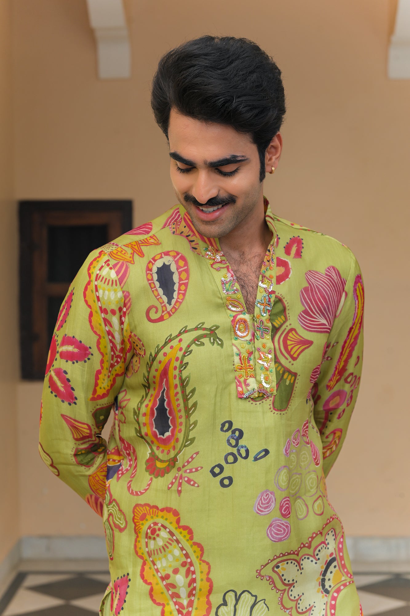 OLIVE BLOOM V NECK KURTA PAIRED WITH OLIVE PANTS