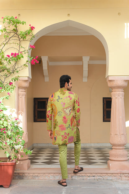 OLIVE BLOOM V NECK KURTA PAIRED WITH OLIVE PANTS