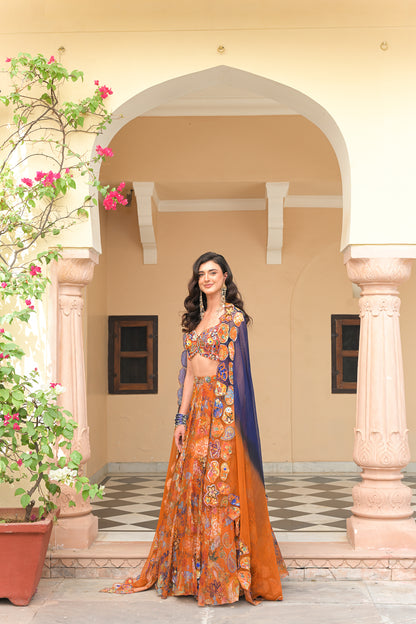 AMBER BLOOM HIGHLIGHTED LEHENGA PAIRED WITH EMBROIDERED BLOUSE AND SHADED APPLIQUE ORGANZA DUPATTA