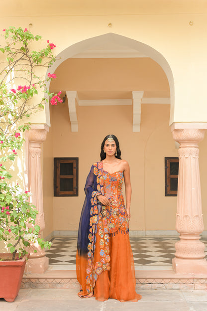 AMBER BLOOM CORSET HIGHLIGHT KURTA. PAIRED WITH KALI PANT AND DUAL APPLIQUÉ ORGANZA DUPATTA