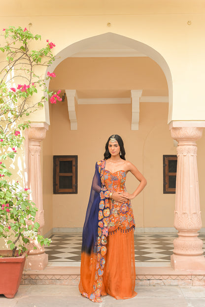 AMBER BLOOM CORSET HIGHLIGHT KURTA. PAIRED WITH KALI PANT AND DUAL APPLIQUÉ ORGANZA DUPATTA