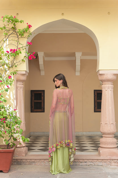 OLIVE BLOOM HIGHLIGHT BRALETTE PAIRED WITH SATIN COWL SKIRT AN D SHADED APPLIQUE CAPE SET