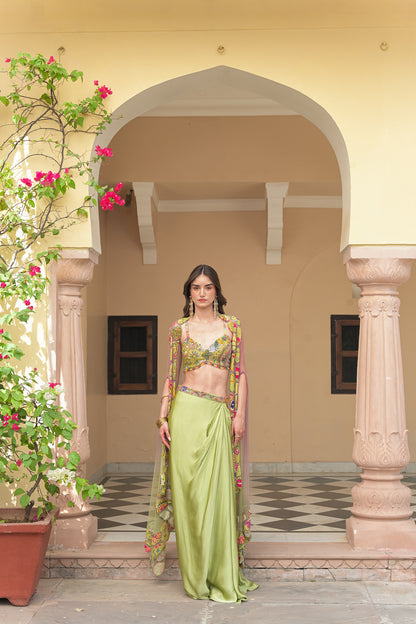 OLIVE BLOOM HIGHLIGHT BRALETTE PAIRED WITH SATIN COWL SKIRT AN D SHADED APPLIQUE CAPE SET