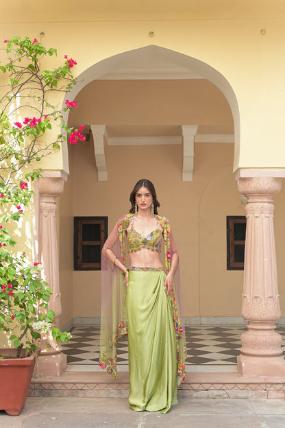 OLIVE BLOOM HIGHLIGHT BRALETTE PAIRED WITH SATIN COWL SKIRT AN D SHADED APPLIQUE CAPE SET