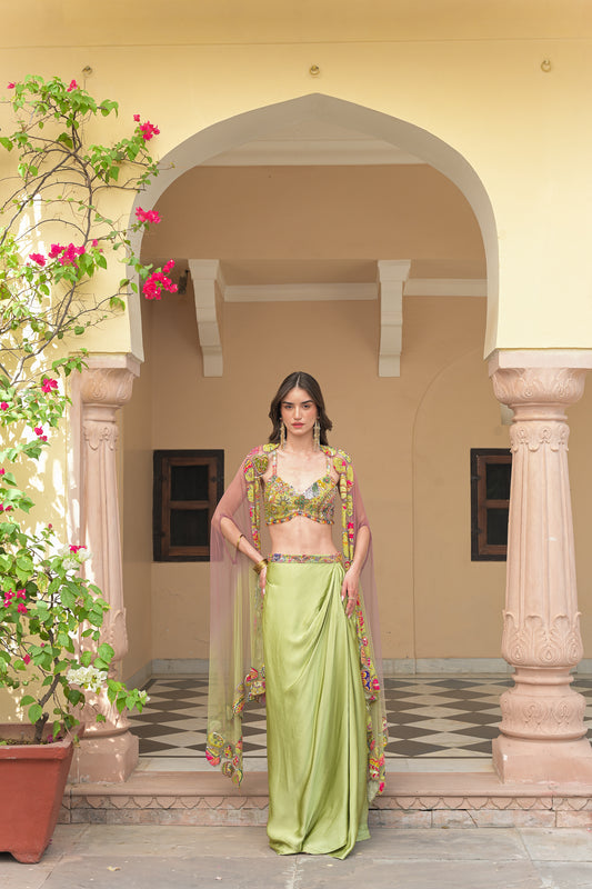 OLIVE BLOOM HIGHLIGHT BRALETTE PAIRED WITH SATIN COWL SKIRT AN D SHADED APPLIQUE CAPE SET