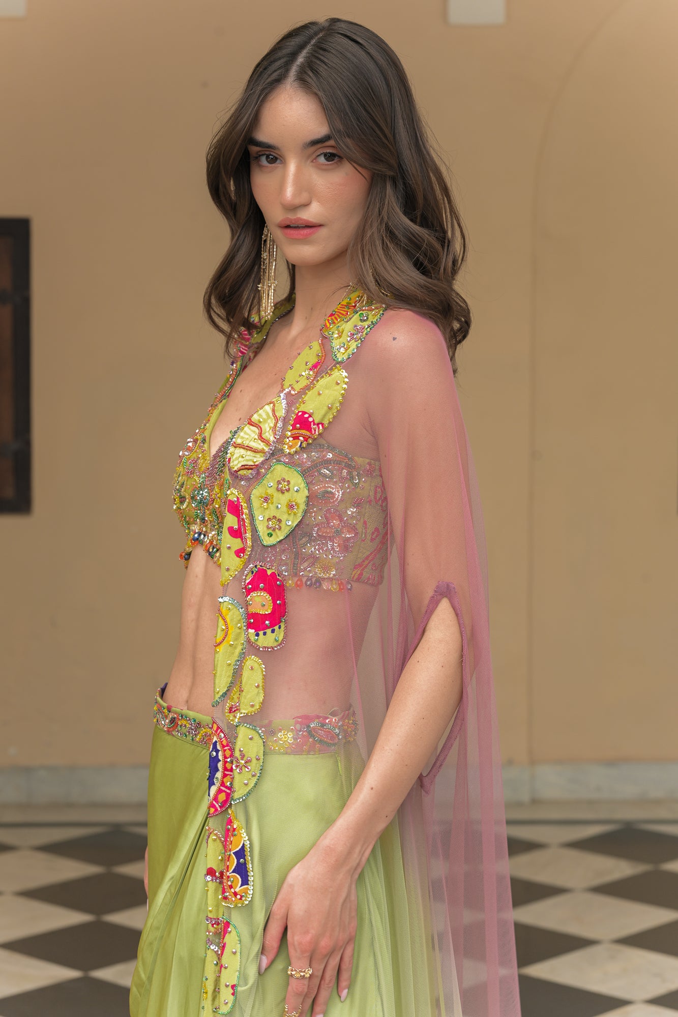 OLIVE BLOOM HIGHLIGHT BRALETTE PAIRED WITH SATIN COWL SKIRT AN D SHADED APPLIQUE CAPE SET