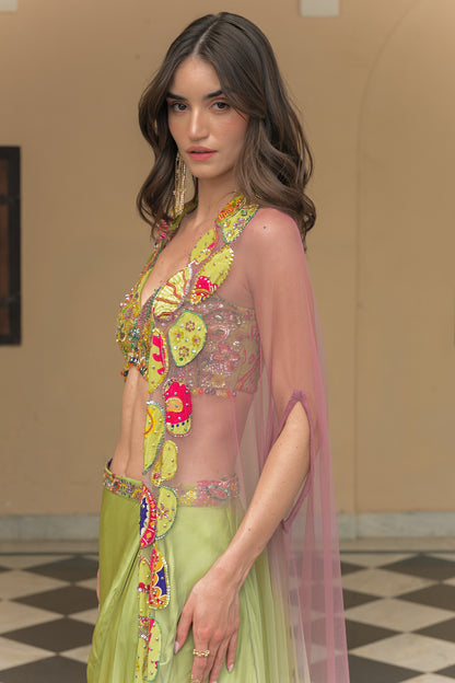 OLIVE BLOOM HIGHLIGHT BRALETTE PAIRED WITH SATIN COWL SKIRT AN D SHADED APPLIQUE CAPE SET