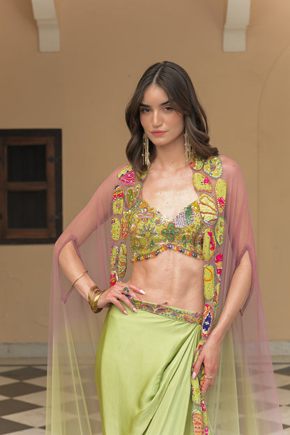 OLIVE BLOOM HIGHLIGHT BRALETTE PAIRED WITH SATIN COWL SKIRT AN D SHADED APPLIQUE CAPE SET