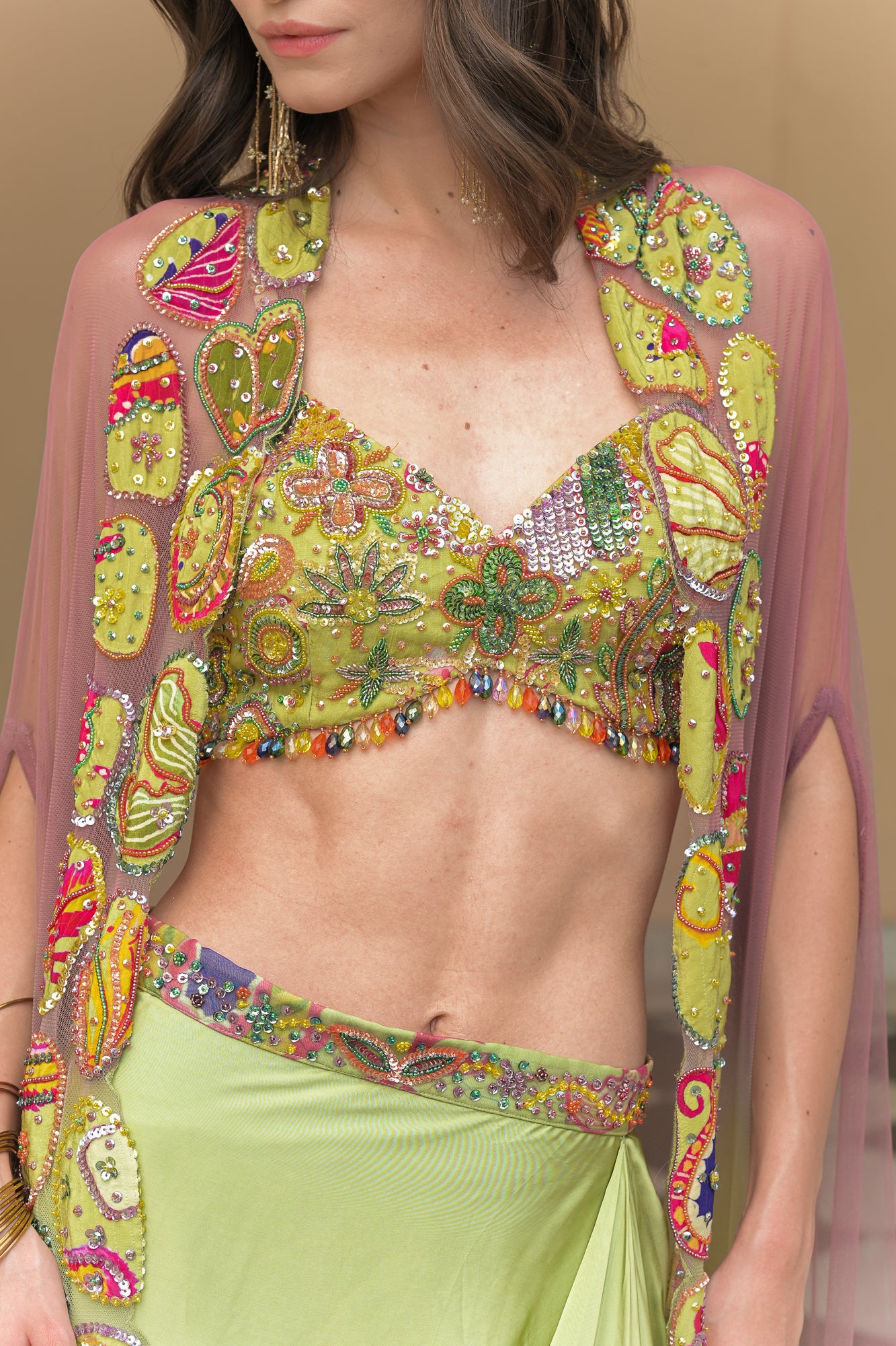 OLIVE BLOOM HIGHLIGHT BRALETTE PAIRED WITH SATIN COWL SKIRT AN D SHADED APPLIQUE CAPE SET