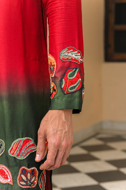 SCARLET BLOOM SHADED APPLIQUE EMBROIDERED KURTA PANT SET