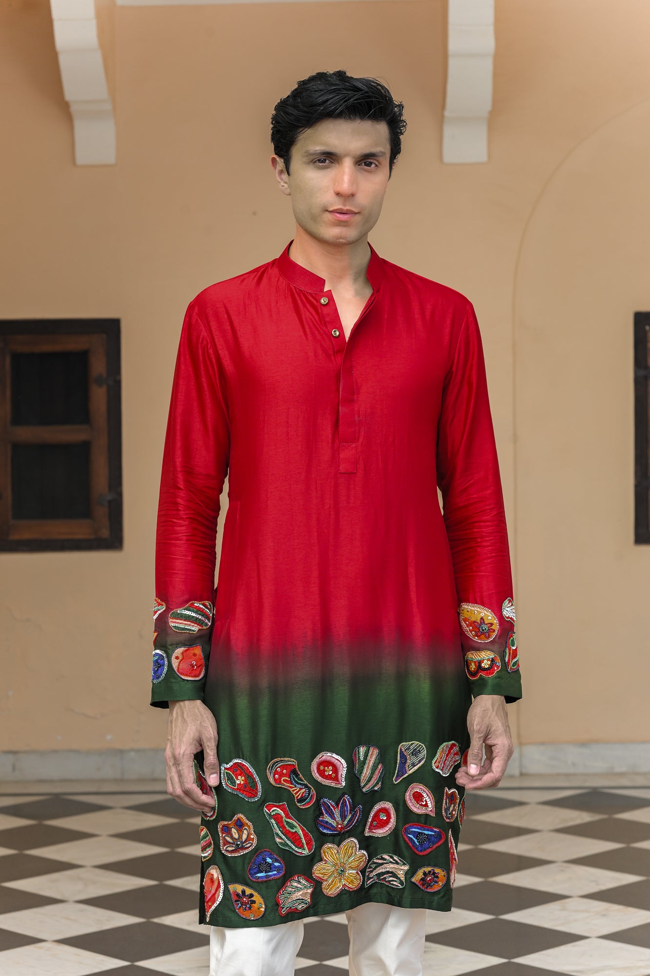 SCARLET BLOOM SHADED APPLIQUE EMBROIDERED KURTA PANT SET