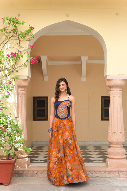 AMBER BLOOM ORGANZA PRINTED LEHENGA WITH PAISLEY PATCH CORSET