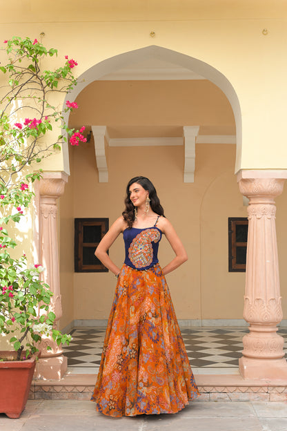AMBER BLOOM ORGANZA PRINTED LEHENGA WITH PAISLEY PATCH CORSET