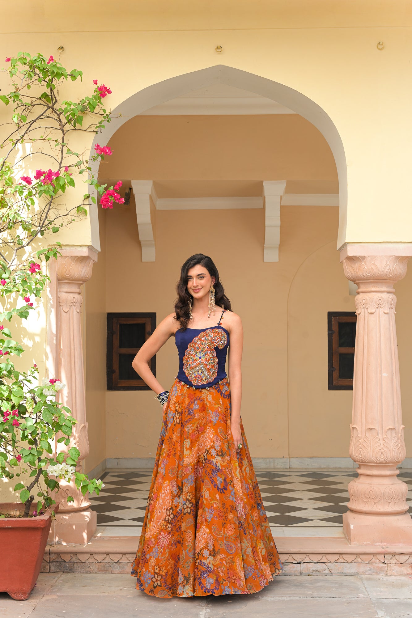 AMBER BLOOM ORGANZA PRINTED LEHENGA WITH PAISLEY PATCH CORSET