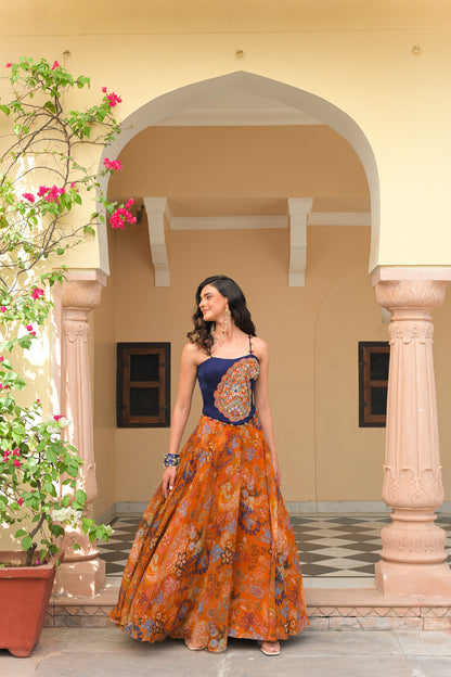 AMBER BLOOM ORGANZA PRINTED LEHENGA WITH PAISLEY PATCH CORSET