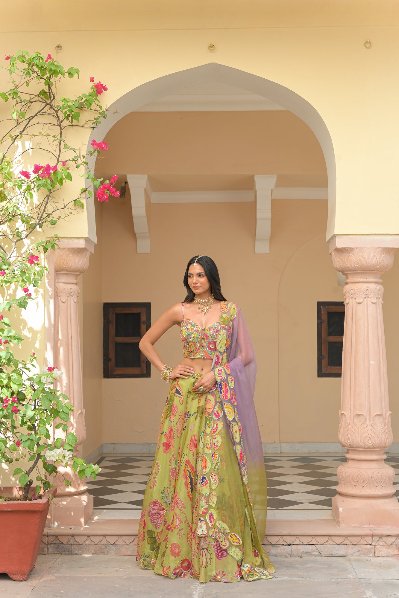 OLIVE BLOOM HIGHLIGHT LEHENGAS PAIRED WITH HIGHLIGHT CORSET AND SHADED APPLIQUÉ. HIGHLIGHT DUPATTA
