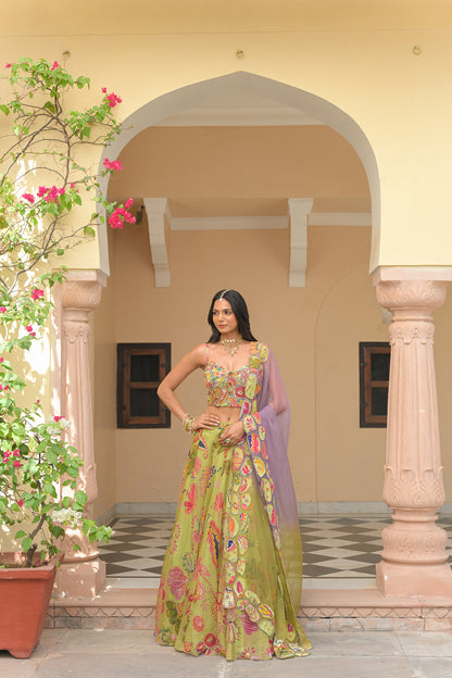 OLIVE BLOOM HIGHLIGHT LEHENGAS PAIRED WITH HIGHLIGHT CORSET AND SHADED APPLIQUÉ. HIGHLIGHT DUPATTA