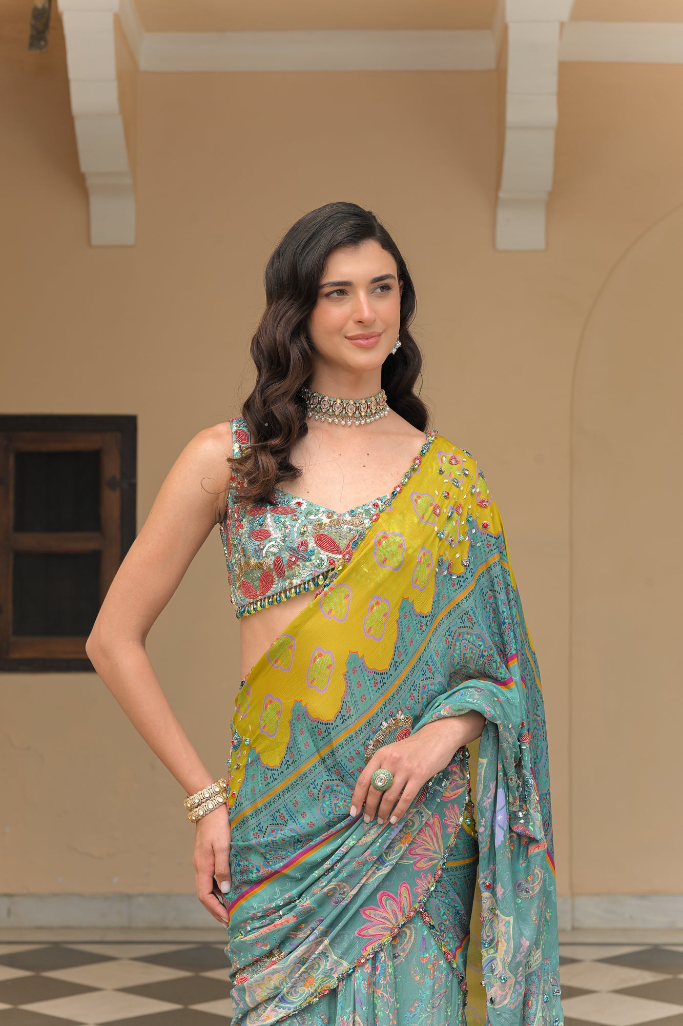IRIS MIST HIGHLIGHT PRESTITCHED DUAL SAREE WITH EMBROIDERED BLOUSE