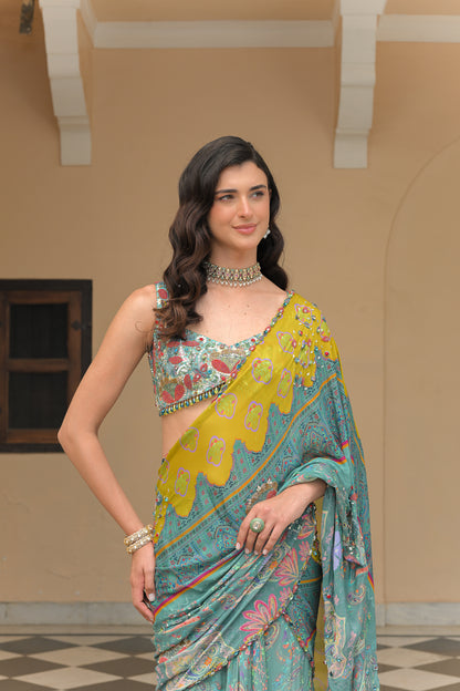 IRIS MIST HIGHLIGHT PRESTITCHED DUAL SAREE WITH EMBROIDERED BLOUSE