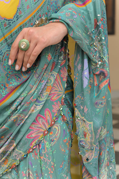 IRIS MIST HIGHLIGHT PRESTITCHED DUAL SAREE WITH EMBROIDERED BLOUSE