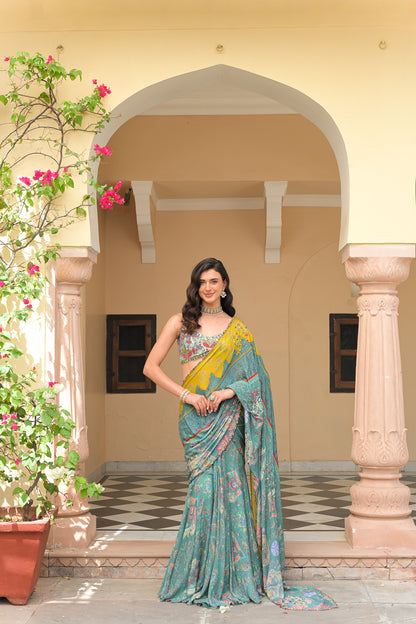 IRIS MIST HIGHLIGHT PRESTITCHED DUAL SAREE WITH EMBROIDERED BLOUSE