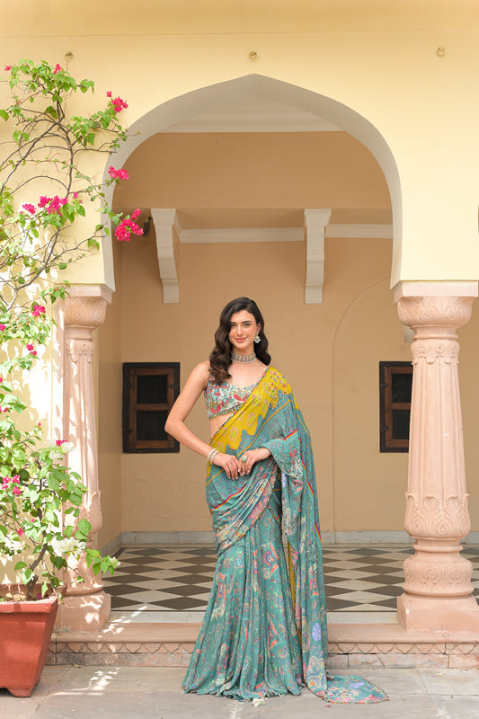 IRIS MIST HIGHLIGHT PRESTITCHED DUAL SAREE WITH EMBROIDERED BLOUSE