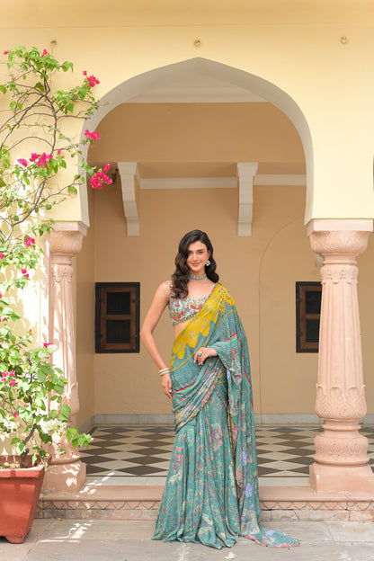 IRIS MIST HIGHLIGHT PRESTITCHED DUAL SAREE WITH EMBROIDERED BLOUSE