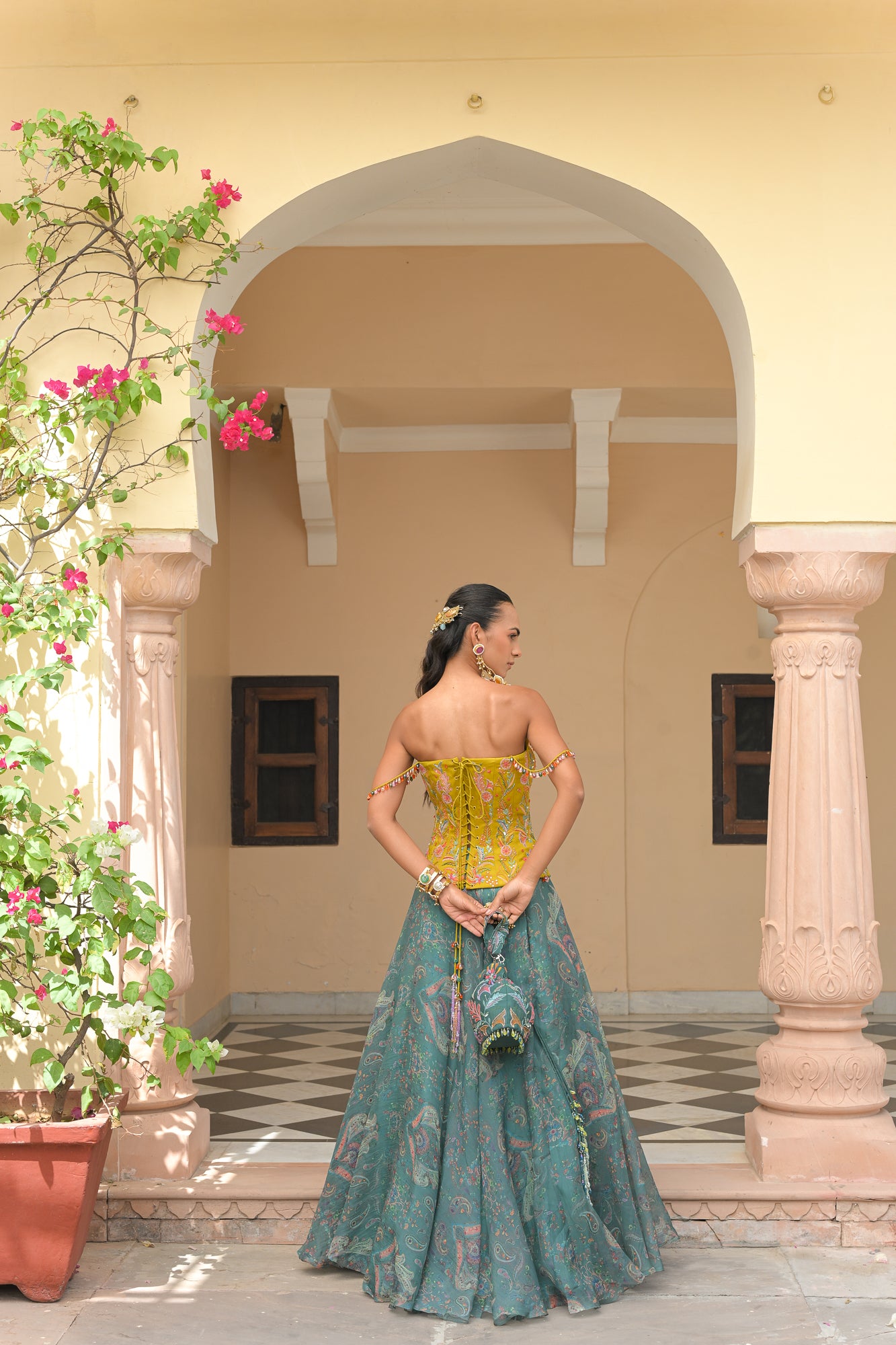 IRIS MIST PRINTED LEHENGAS WITH THREAD WORK HIGHLIGHT CORSET