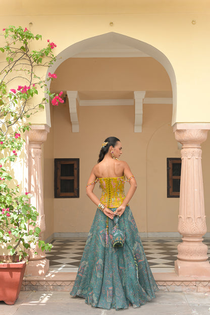IRIS MIST PRINTED LEHENGAS WITH THREAD WORK HIGHLIGHT CORSET