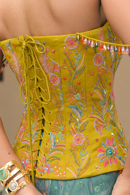 IRIS MIST PRINTED LEHENGA WITH THREAD WORK. HIGHLIGHT CORSET AND SHADED THREAD WORK. HIGHLIGHT DUPATTA