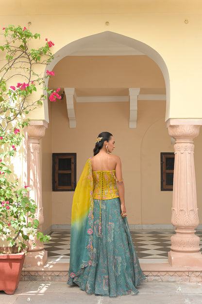 IRIS MIST PRINTED LEHENGA WITH THREAD WORK. HIGHLIGHT CORSET AND SHADED THREAD WORK. HIGHLIGHT DUPATTA