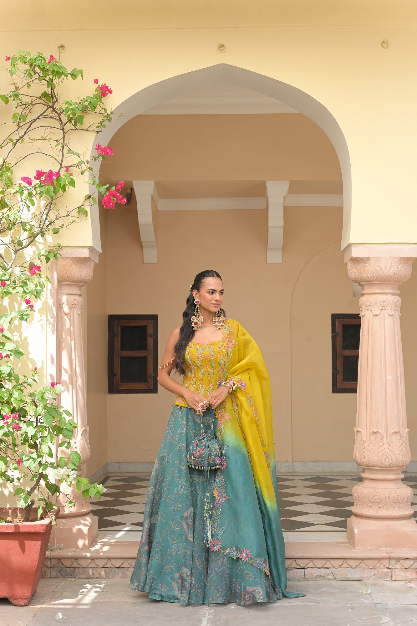 IRIS MIST PRINTED LEHENGA WITH THREAD WORK. HIGHLIGHT CORSET AND SHADED THREAD WORK. HIGHLIGHT DUPATTA