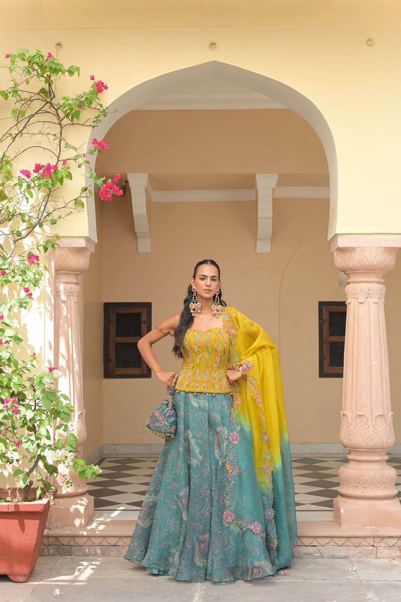 IRIS MIST PRINTED LEHENGA WITH THREAD WORK. HIGHLIGHT CORSET AND SHADED THREAD WORK. HIGHLIGHT DUPATTA
