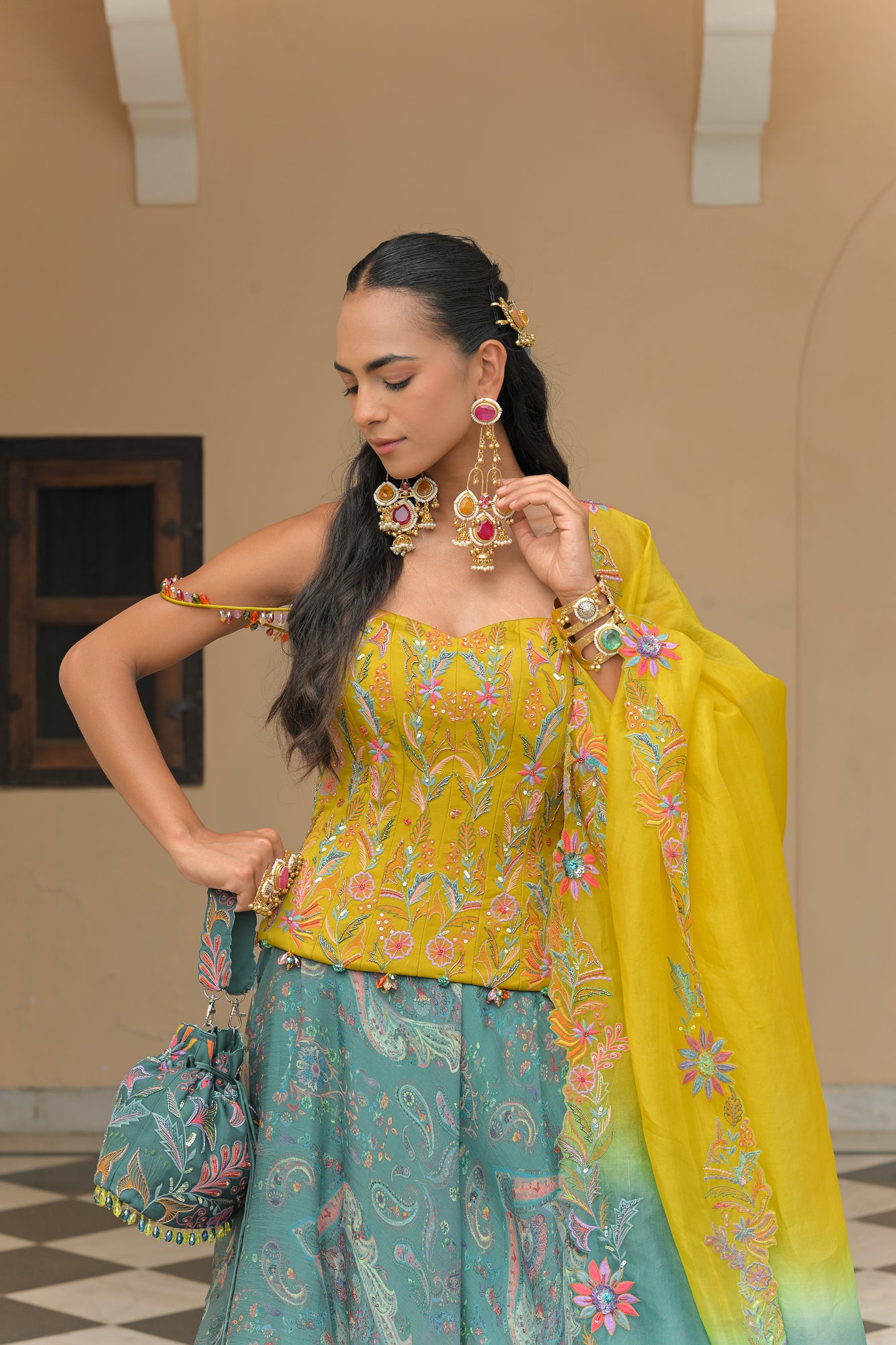IRIS MIST PRINTED LEHENGA WITH THREAD WORK. HIGHLIGHT CORSET AND SHADED THREAD WORK. HIGHLIGHT DUPATTA