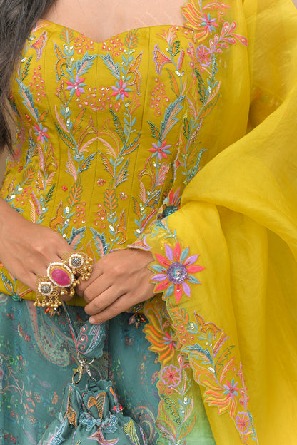 IRIS MIST PRINTED LEHENGA WITH THREAD WORK. HIGHLIGHT CORSET AND SHADED THREAD WORK. HIGHLIGHT DUPATTA