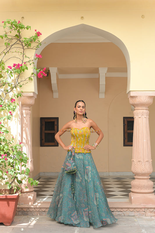 IRIS MIST PRINTED LEHENGAS WITH THREAD WORK HIGHLIGHT CORSET