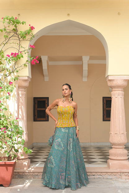 IRIS MIST PRINTED LEHENGAS WITH THREAD WORK HIGHLIGHT CORSET