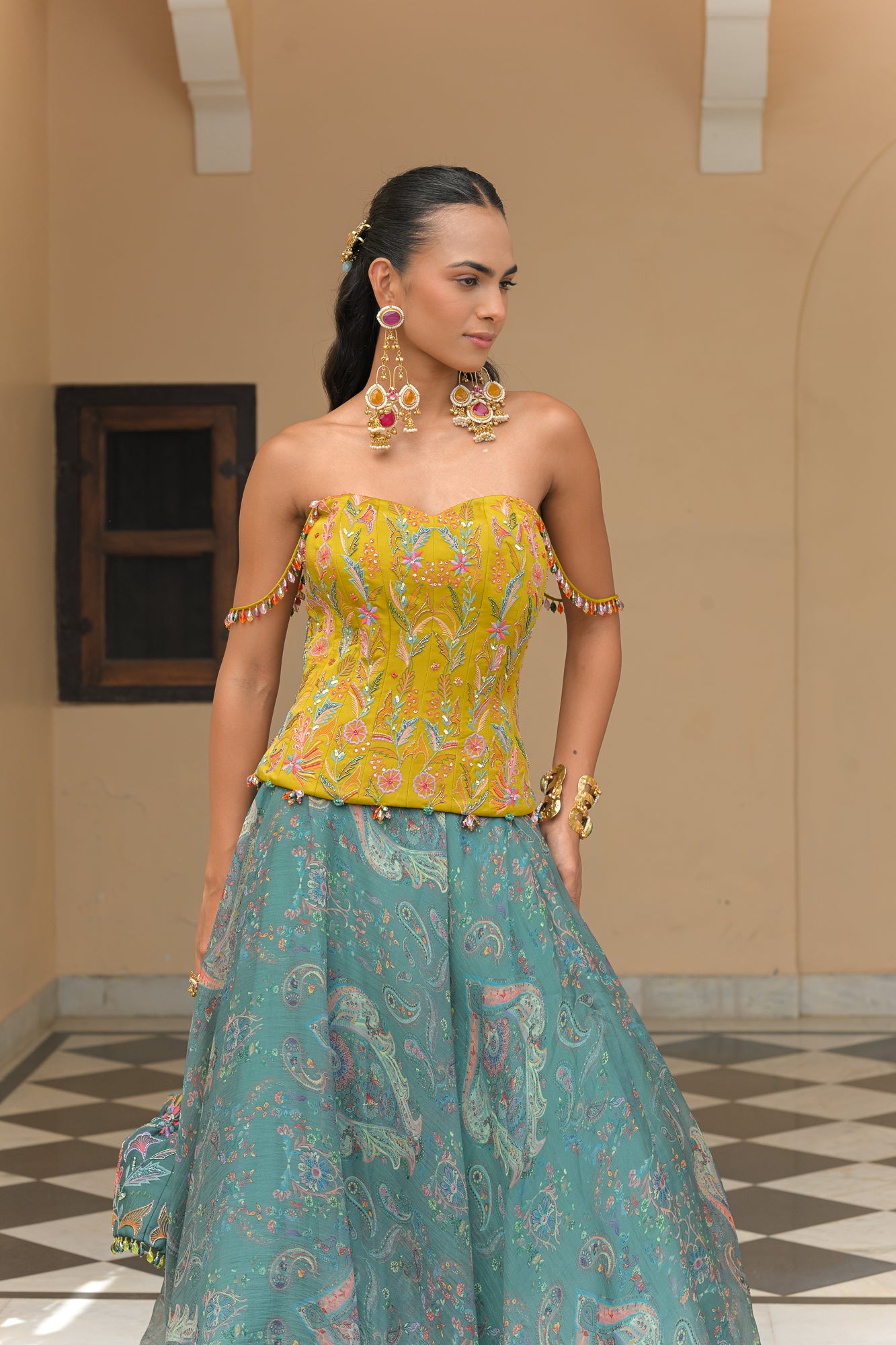 IRIS MIST PRINTED LEHENGAS WITH THREAD WORK HIGHLIGHT CORSET