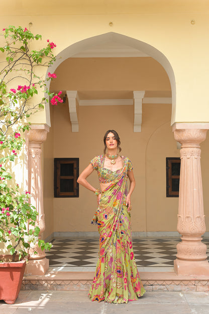 OLIVE BLOOM PRESTOTCHED HIGHLIGHT SAREE. WITH HIGHLIGHT BLOUSE