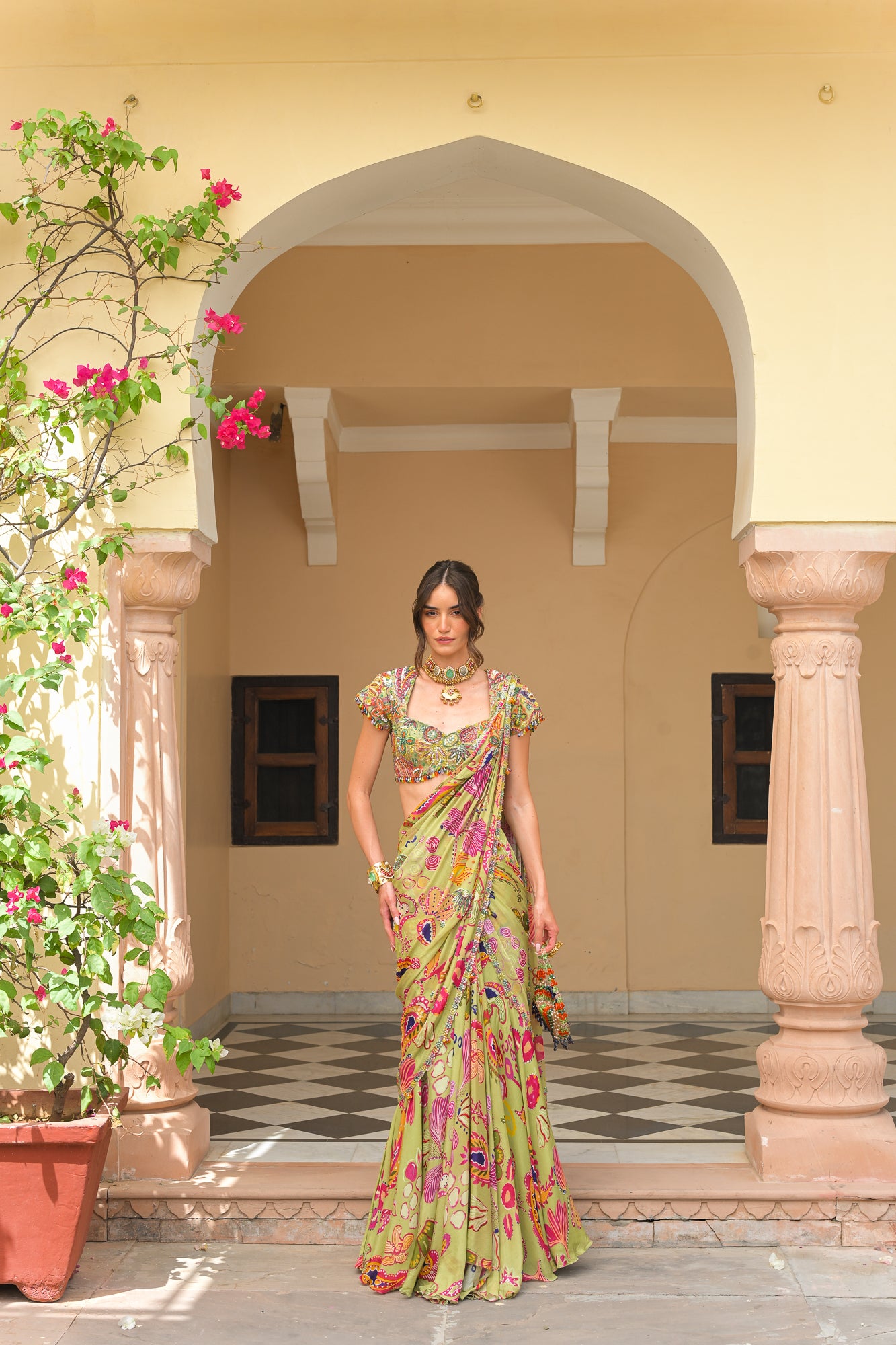 OLIVE BLOOM PRESTOTCHED HIGHLIGHT SAREE. WITH HIGHLIGHT BLOUSE