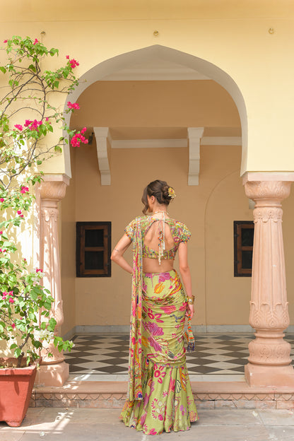 OLIVE BLOOM PRESTOTCHED HIGHLIGHT SAREE. WITH HIGHLIGHT BLOUSE