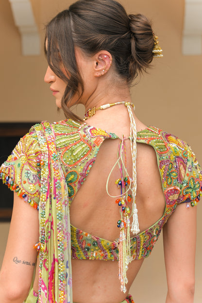 OLIVE BLOOM PRESTOTCHED HIGHLIGHT SAREE. WITH HIGHLIGHT BLOUSE