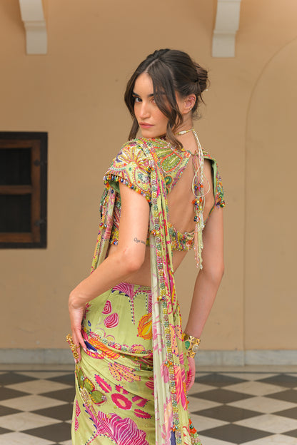 OLIVE BLOOM PRESTOTCHED HIGHLIGHT SAREE. WITH HIGHLIGHT BLOUSE