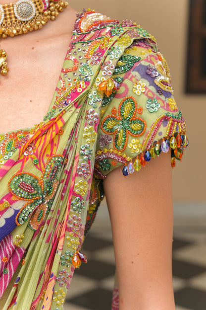 OLIVE BLOOM PRESTOTCHED HIGHLIGHT SAREE. WITH HIGHLIGHT BLOUSE