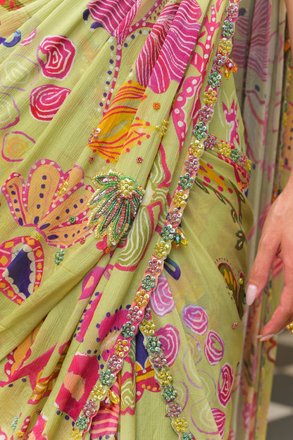 OLIVE BLOOM PRESTOTCHED HIGHLIGHT SAREE. WITH HIGHLIGHT BLOUSE