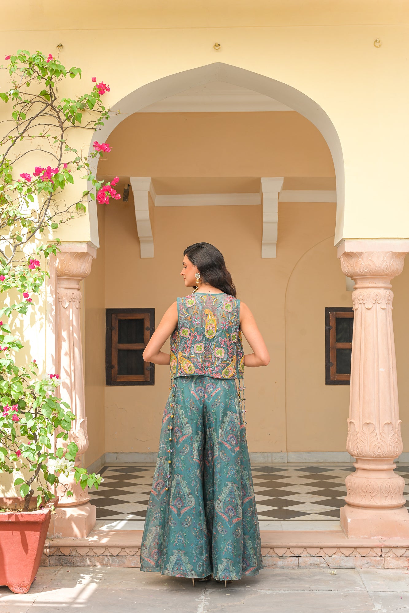 IRIS MIST PANEL KALI PANT WITH THREAD WORK HIGHLIGHT BRALETTE AND THREAD WORK PATCH JACKET WITH TASSEL
