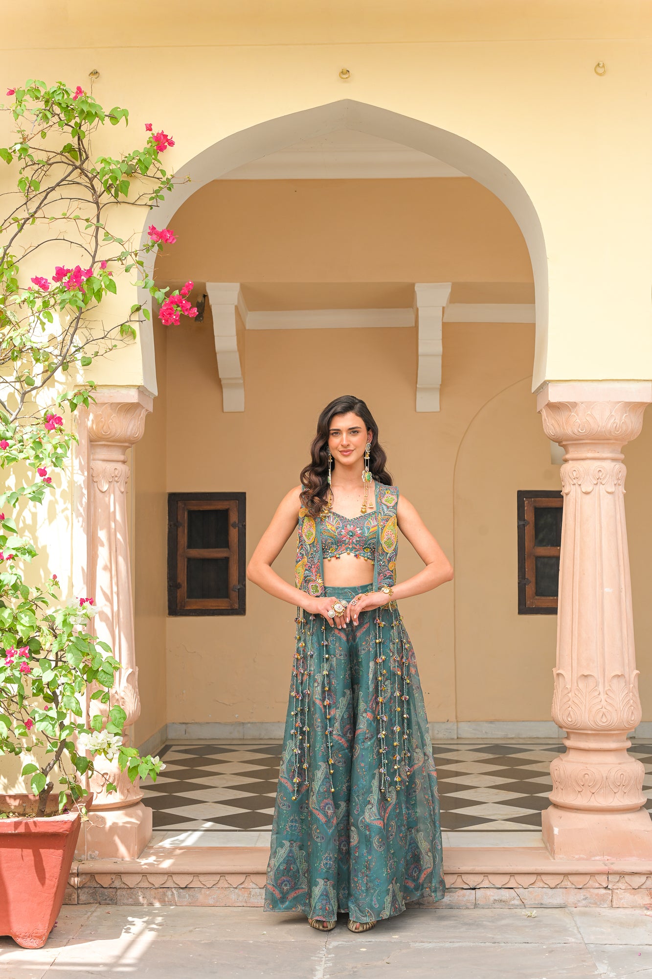 IRIS MIST PANEL KALI PANT WITH THREAD WORK HIGHLIGHT BRALETTE AND THREAD WORK PATCH JACKET WITH TASSEL