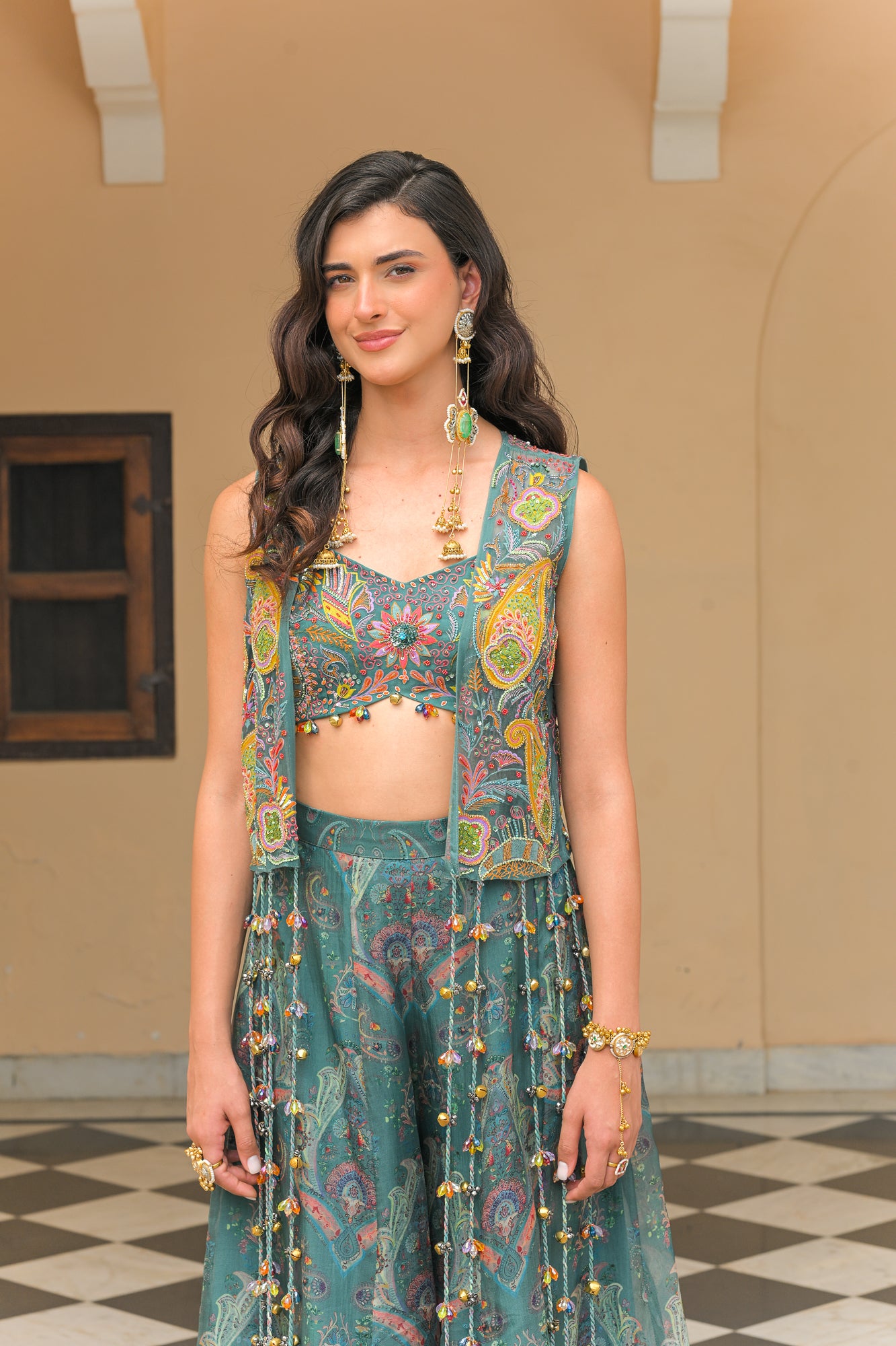 IRIS MIST PANEL KALI PANT WITH THREAD WORK HIGHLIGHT BRALETTE AND THREAD WORK PATCH JACKET WITH TASSEL